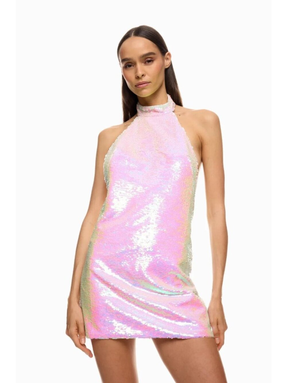 Bronx and Banco Iridescent Pink Sequin Halter Mini Dress